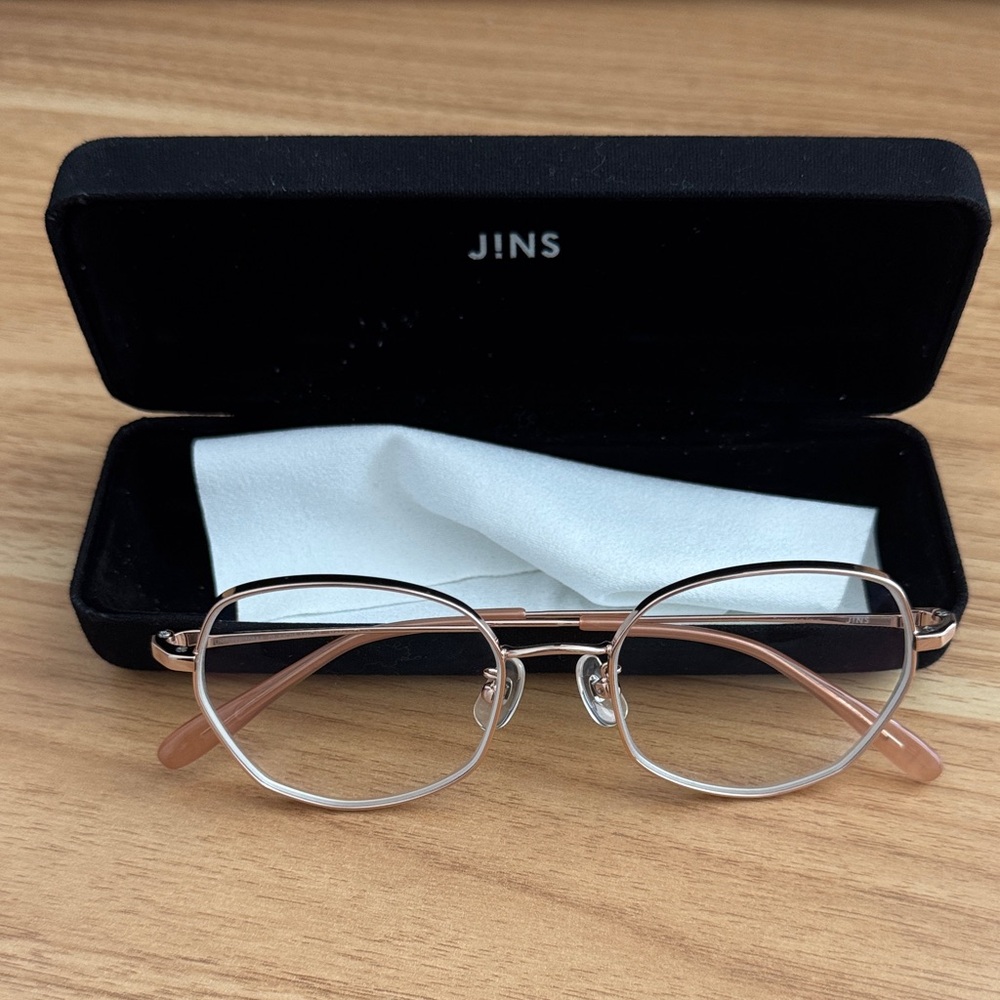 JINS Rose Gold Eyeglass Frames with Hard Case